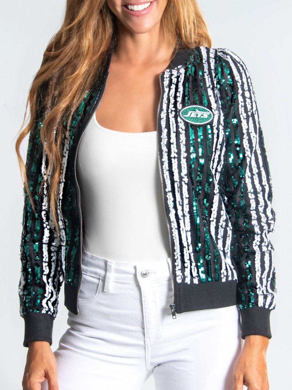 BNT New York Jets Two Tone Sequin Embellished Bomber Jacket
